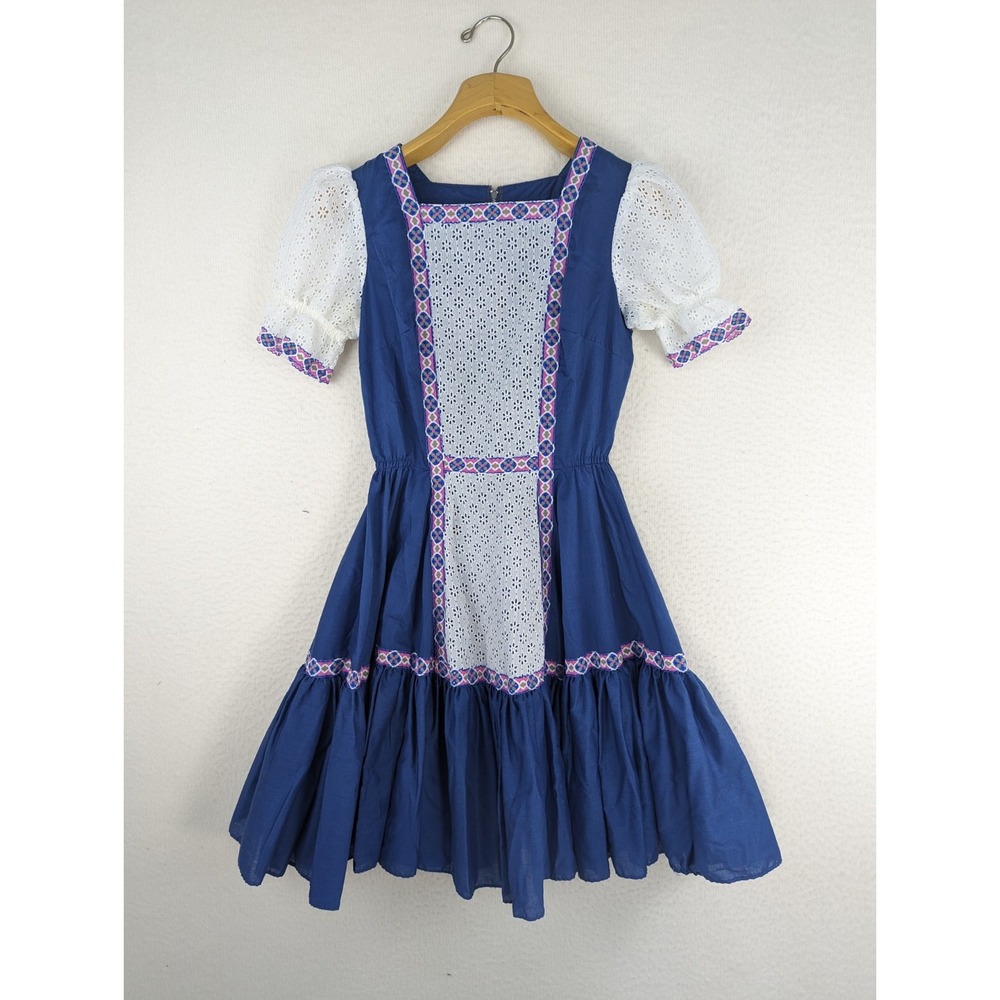 Vtg Malco Modes Square Dance Dress Ruffled Size‎ 8 Blue Pink Short Sleeve